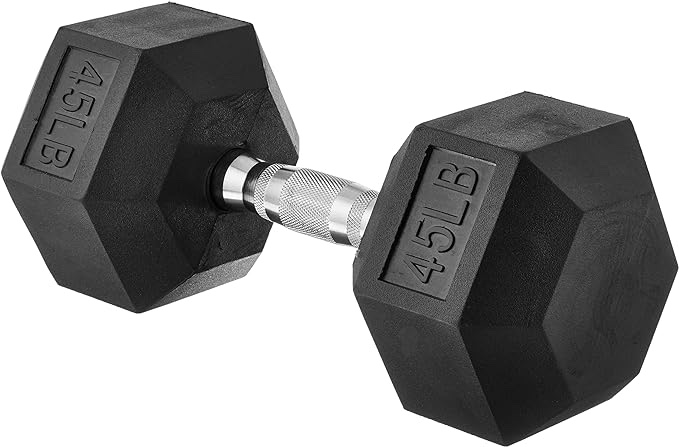 dumbbell’s Amazon Basics Rubber Encased Exercise & Fitness Hex Dumbbell, Single, Hand Weight For Strength Training ( 15 lbs each ) 