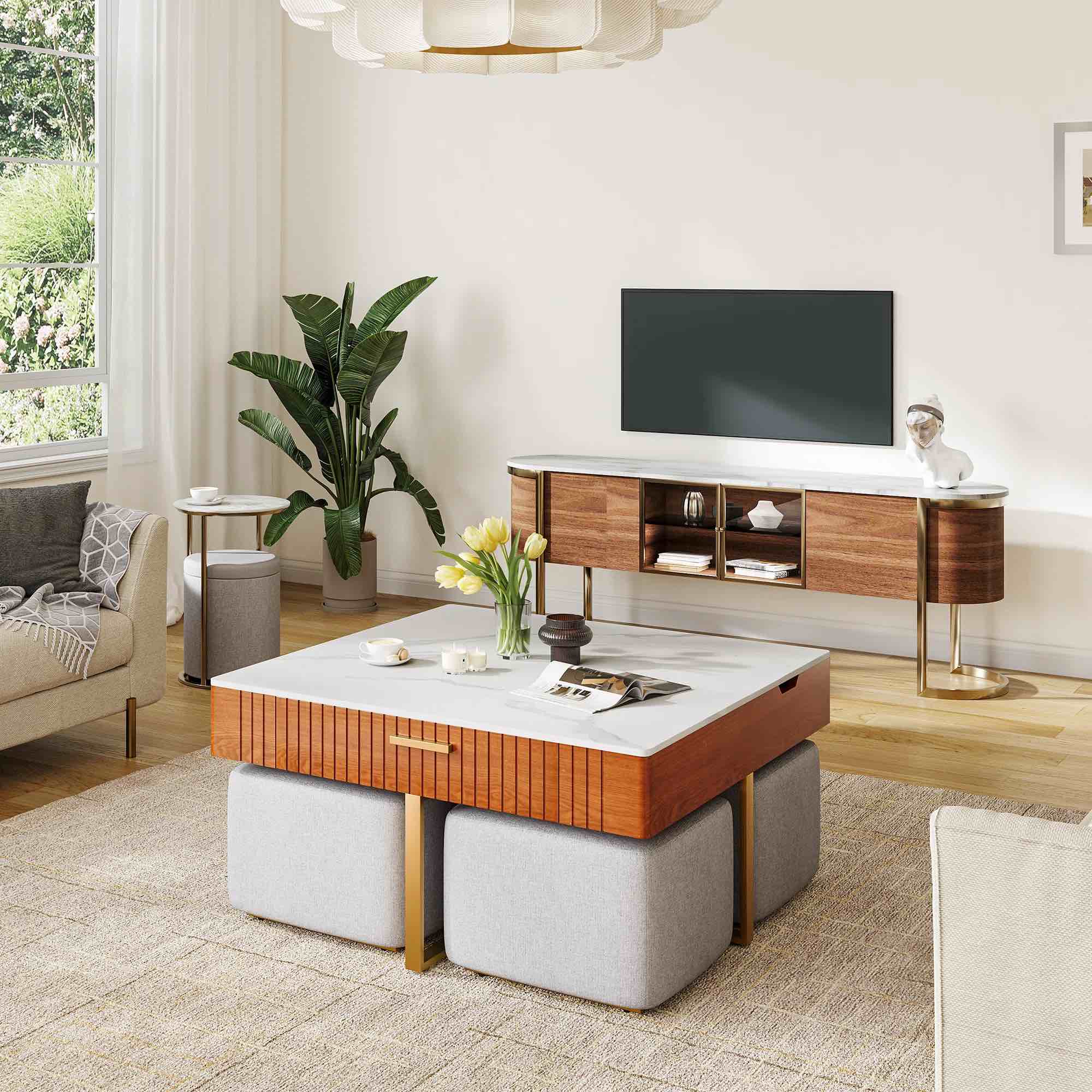 Warwick Lift Top Extendable Nesting Coffee Table Set with Stools