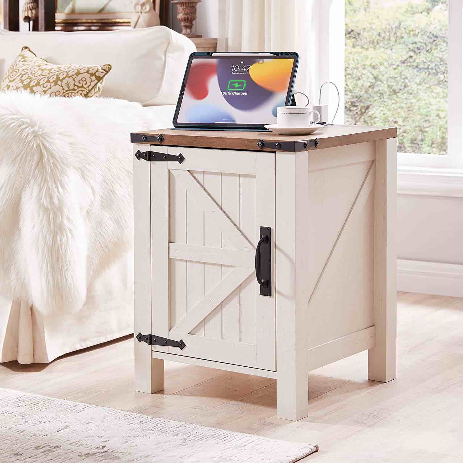OKD Farmhouse Square End Tables with Charging Station, Wood Side Tables with Adjustable Shelves, Antique White