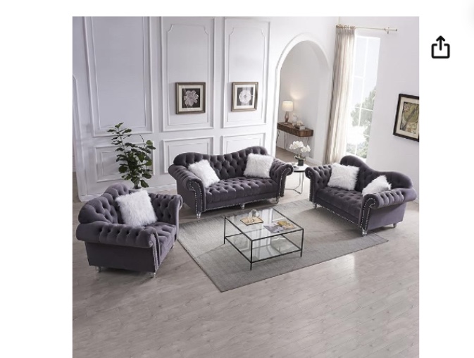 3 Pieces Oversized Living Room Furniture Sets include 3-Seaters Sofa, Loveseat & Armchair,Button Tufted,Velvet Upholstery,Chesterfield Armrest,Copper Nail Decor,5 White Villose Pillows, Royal grey (incomplete arms & loveseat backrest loveseat seat only )