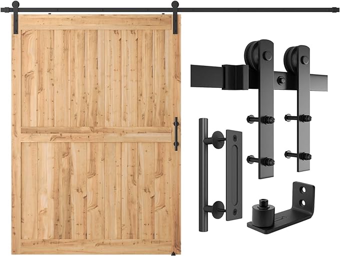 SMARTSTANDARD 10 FT Heavy Duty Sturdy Sliding Barn Door Hardware Kit, Black, (Whole Set includes 1x Pull Handle Set & 1x Floor Guide) Fit 60" Wide Door Panel (I Shape Hanger)
