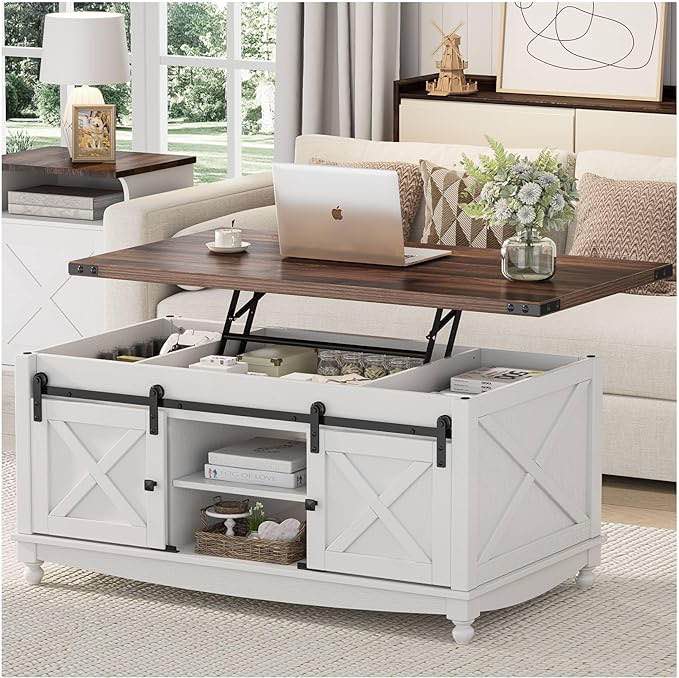 48" Farmhouse Lift Top Coffee Table with Storage Sliding Barn Door & Large Hidden Compartment, Coffee Table with Lifting Top with Wooden Lift Tabletop, Storage Coffee Table for Living Room / LI007501(similar)