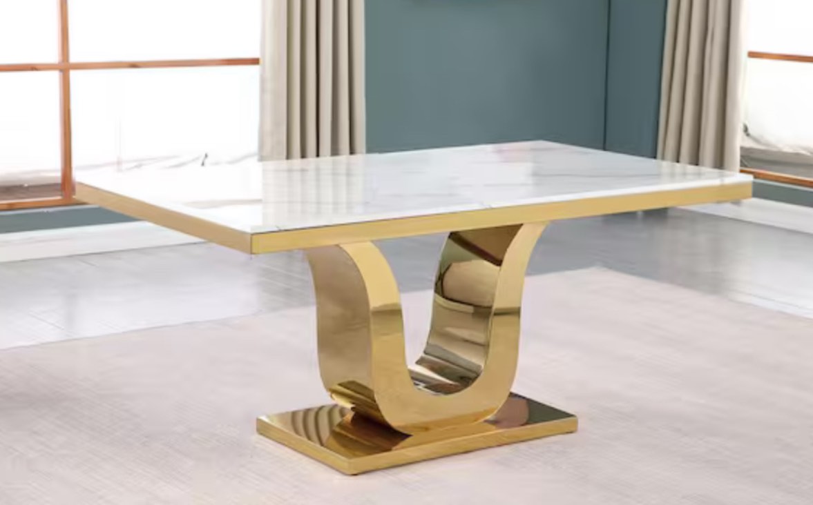 Ada Rectangular White Marble Top 38 in Pedestal Gold Stainless Steel Base Dining Table Seats 6 ( incomplete/ only base)