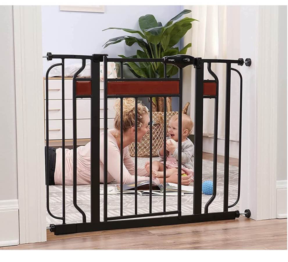 Regalo Home Accents Extra Wide Walk Thru Baby Gate, Includes Décor Hardwood, 4-Inch Extension Kit, 4-Inch Extension Kit, 4 Pack of Pressure Mount Kit and 4 Pack of Wall Cups and Mounting Kit