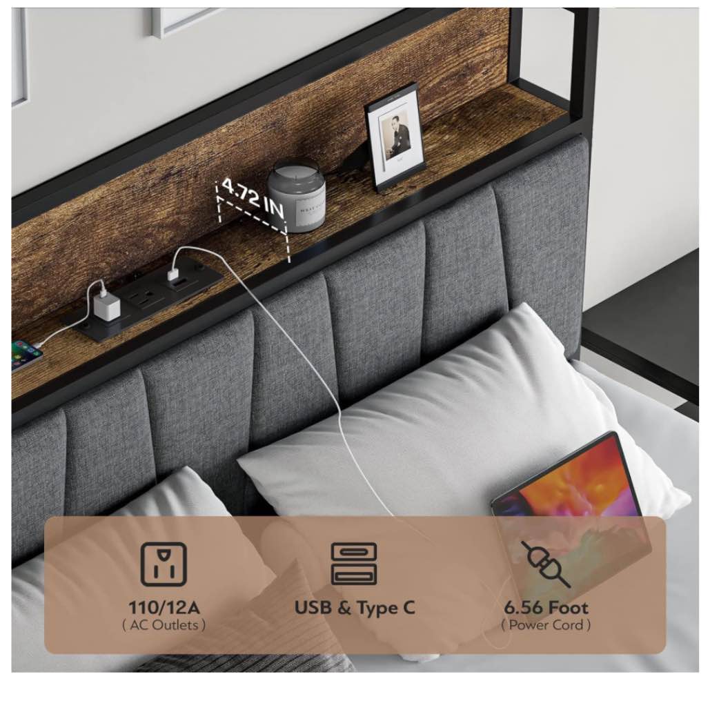 Queen Size Bed Frame with Headboard and Storage, Drawers Platform Bed Frame with Storage Chargin Station LED Light Bed Frame, Heavy Duty, No Box Spring Needed