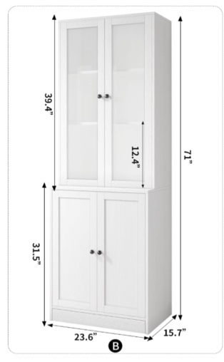 Open Storage Shelf, Glass Doors and Fixed Storage Shelves for Home Office, White
