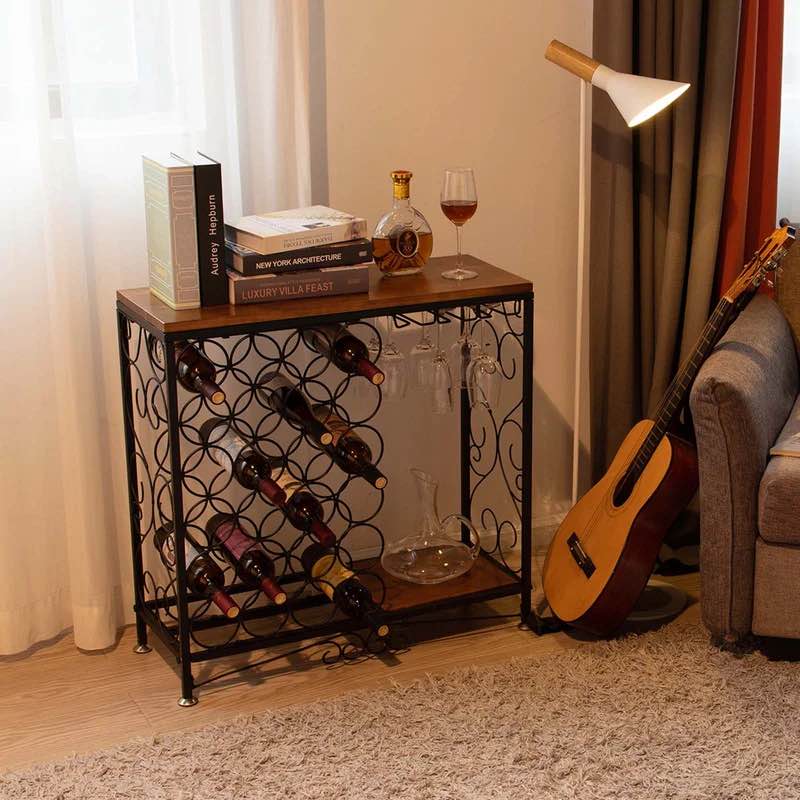 Vintage Wine Rack Table 24 Bottles Industrial Wine Storage Organizer Display Rack Modern Wine Glass Holder Freestanding Floor Wine Bar Cabinet For Liquor For Kitchen (incomplete)