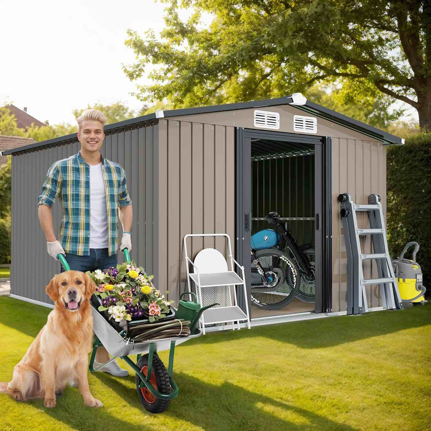 12 x 10 FT Outdoor Storage Shed, Metal Garden Shed with 2 Lockable Sliding Doors SS16323GR_C1 (incomplete box 3 of 3 only)