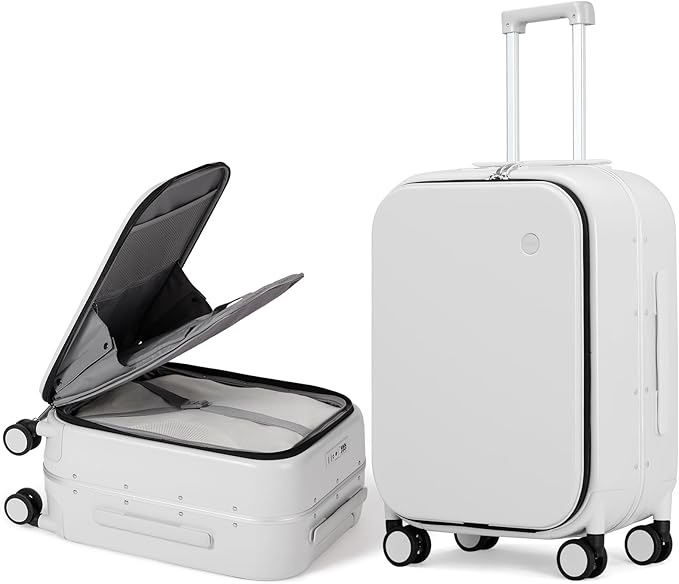 Mixi Carry On Luggage, 20'' Suitcase with Front Laptop Pocket, Travel Rolling Luggage Aluminum Frame PC Hardside with Spinner Wheels & TSA Lock and Cover - Smoke White