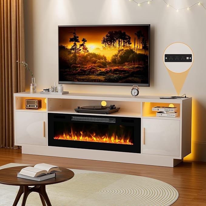 Fireplace TV Stand with 36" Electric Fireplace,Entertainment Center with LED Light, Highlight Storage Cabinet for TVs Up to 80", 70 inches, White