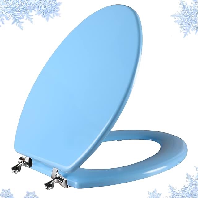 Blue Elongated Toilet Seat Natural Wood Toilet Seat with Zinc Alloy Hinges, Easy to Install also Easy to Clean, Scratch Resistant Toilet Seat by Angol Shiold (Elongated, Blue)