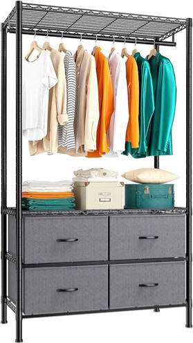 Clothes Rack, Clothing Rack with Wheels Garment Rack Wardrobe Closet Rolling Clothes Rack with 4 Drawers Heavy Duty Clothing Racks for Hanging Clothes White (Similar To Stock Photo) 