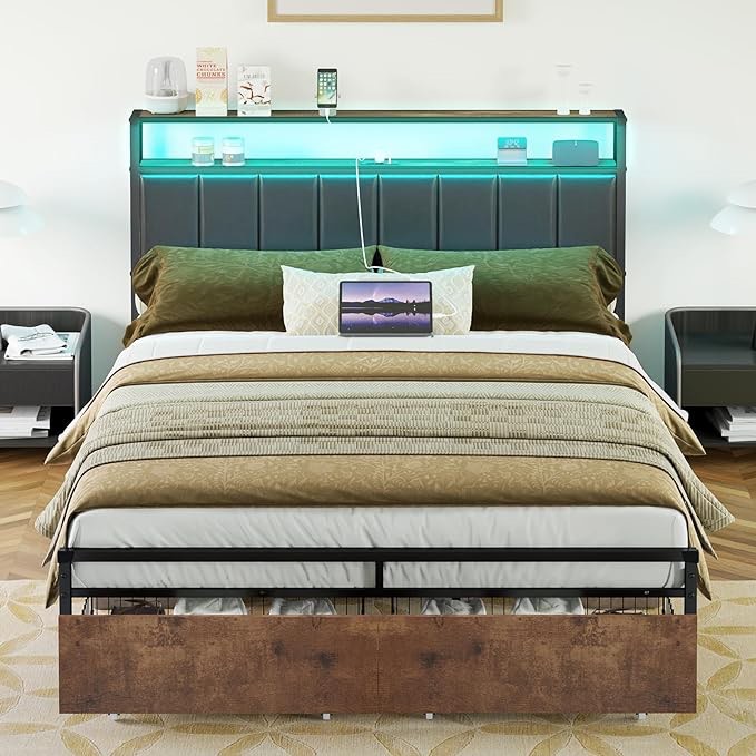 LED Bed Frame with Drawers, Queen Platform Bed Frame with 2-Tier Storage & Leather Upholstered & Charging Station Headboard, No Box Spring Needed, Easy Assembly, Noise Free, Black