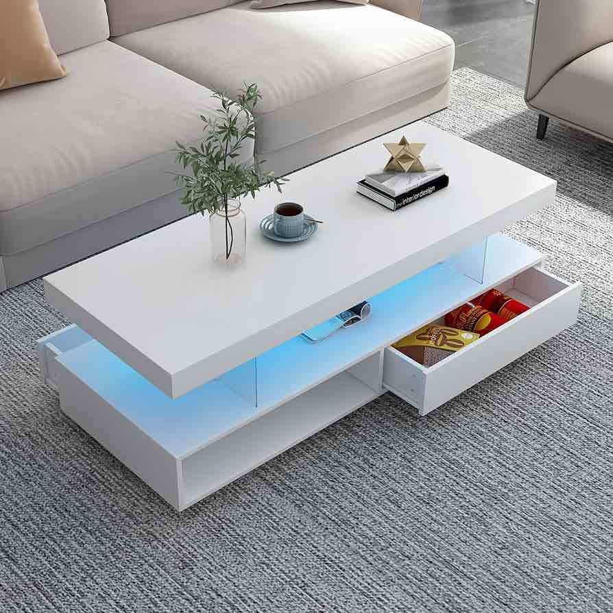 Jaycean LED Lights Coffee Table With 2 Large Drawers And Open Shelves