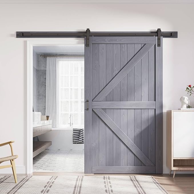 54inch Gray Wood Barn Door Slab with 8ft (96inch) Barn Door Hardware Track Kit and Handle Floor Guide Included, Double Surfaces,Simple Assembly is Required,K-Frame,Grey