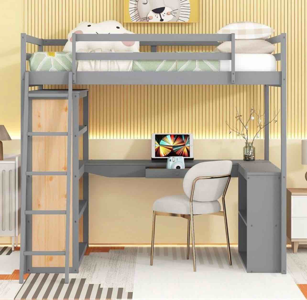 Modernluxe full loft Bed with ladder, shelves, and desk, Gray. ( Box 1/2 Incomplete)