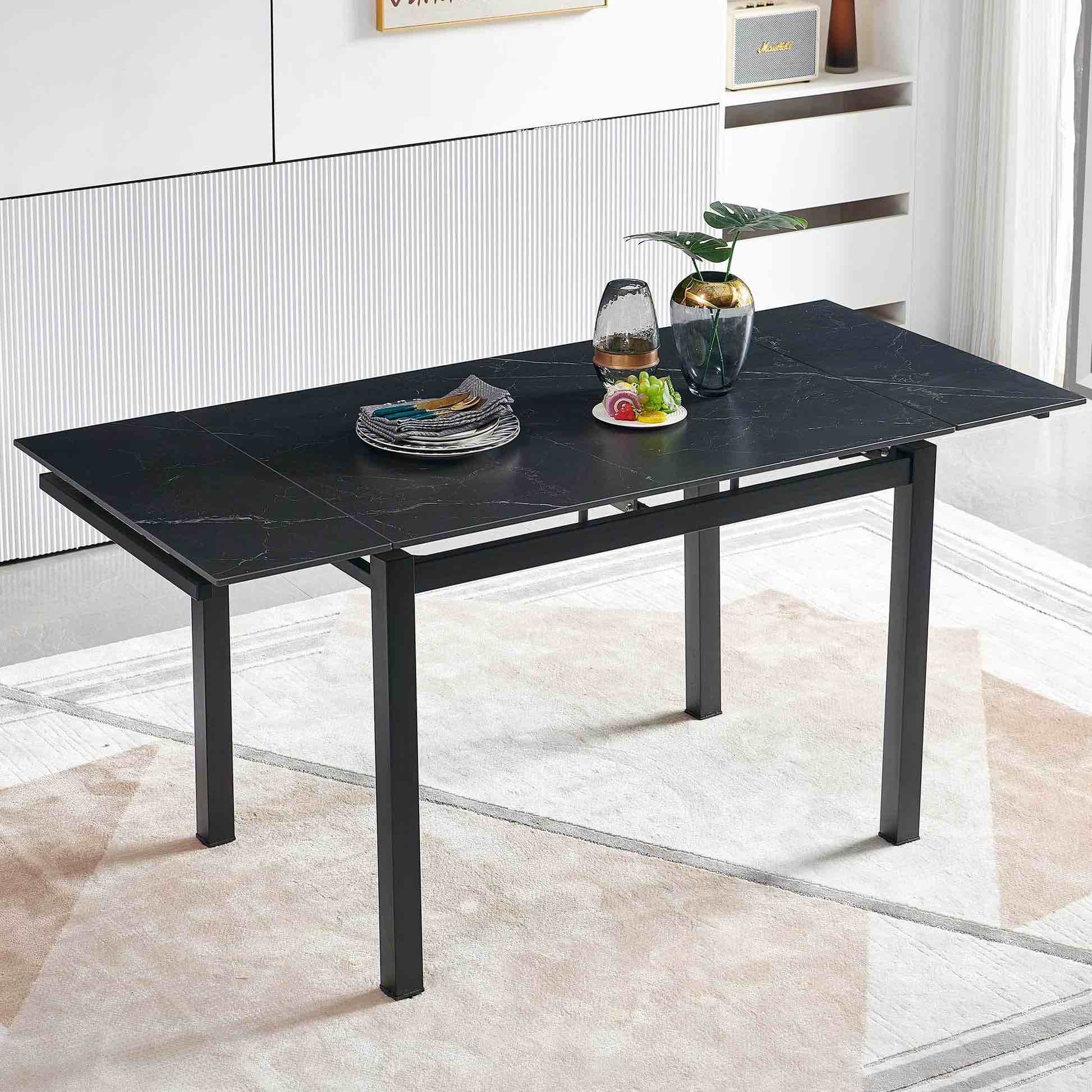 Black Ceramic Modern Rectangular Expandable Dining ( Box 1/2 Incomplete)
