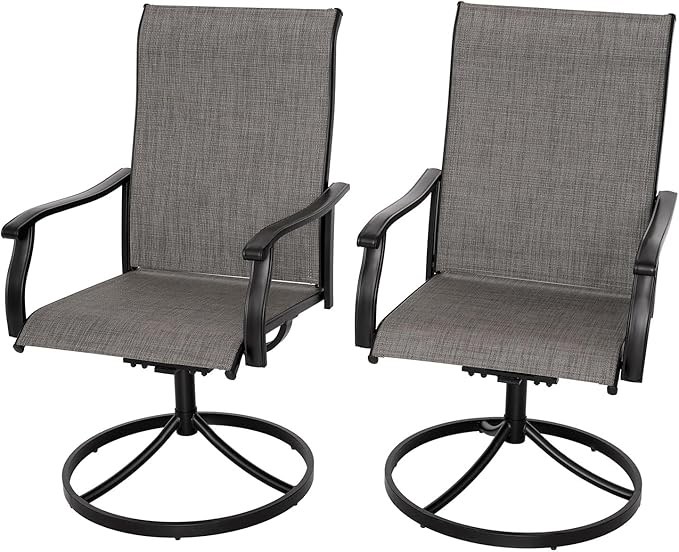 Swivel Patio Chairs Set of 2, High Back Textilene Patio Dining Chairs Outdoor Porch Chairs for Lawn Garden, Black Frame Brown/Grey