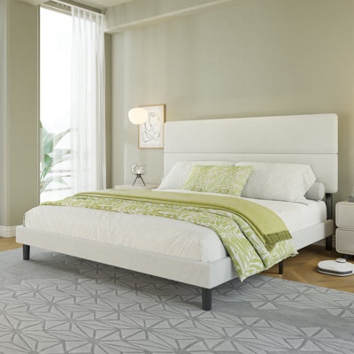 Boucle Upholstered Bed Frame With 50" High Adjustable Headboard