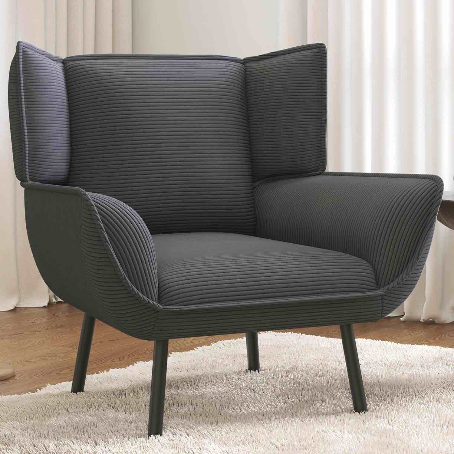 AMERLIFE Accent Chair- Upholstered Living Room Chair with High Wingback, Grey Reading Armchair for Bedroom, Comfy Corduroy Chair