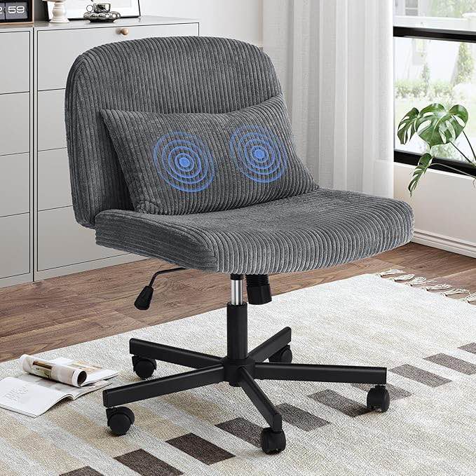 Criss Cross Chair with Wheels, Massage Cross Legged Office Chair with Double Layer Sponge Cushion, Corduroy Wide Armless Office Desk Chair Mid Back Swivel Vanity Chair for Home Office, Grey