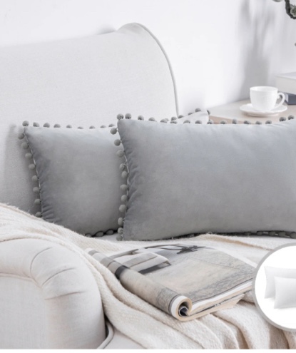 Phantoscope Throw Pillow with Insert?Silky Velvet Series Pom Pom Decorative pillow, 12" x 20", Gray, 2 Pack ( Similar photo in stock)