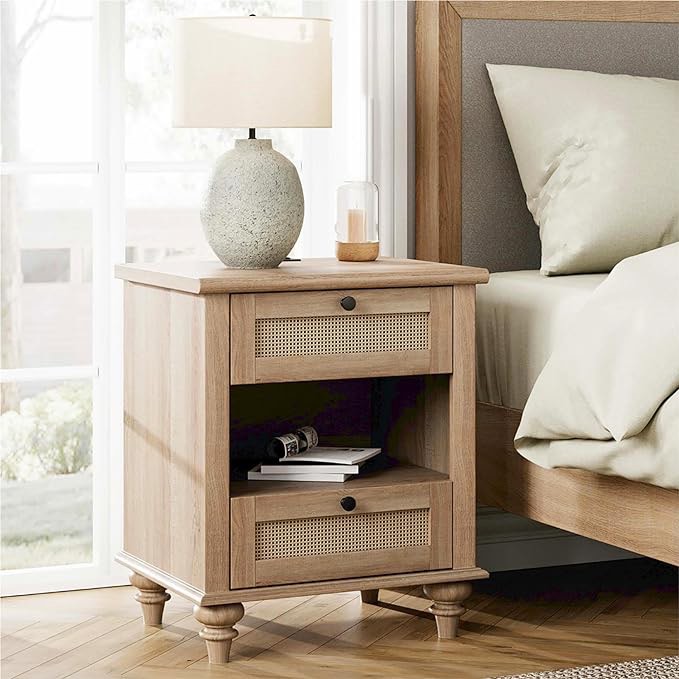 WAMPAT Rattan Side Table Nightstand with Charging Station, Light Wood End Table with 2 Drawers for Living Room, Rustic Farmhouse Night Stand Bedside Table for Bedroom, Oak ( similar photo in stock)