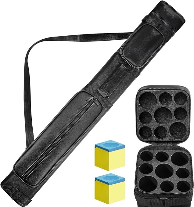 Deekin 3 x 6 Pool Stick Case Hard Billiard Cue Stick Case Pool Stick Carrying case Storage Pouch Pool Table Accessories 9 Holes PU Pool Cue Bags with 2 Pieces Pool Chalk Cubes