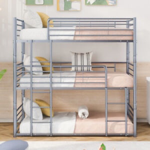 box 1 of 2, incomplete Metal Full Size Triple Bed with Built-in Ladder, Divided into Three Separate Platform Beds, Full-Full-Full Triple Bed Frame for Kids Boys and Girls w/Slats Support, No Box Spring Needed (Black)(box 1 of 2)