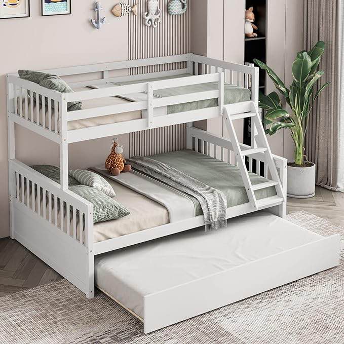 Bunk Bed with Trundle, Solid Wood Bunk Bed with Ladder and Guardrails, Convertible to 2 Beds, Triple Bunk Beds for Kids Teens Adults, No Box Spring Needed, White