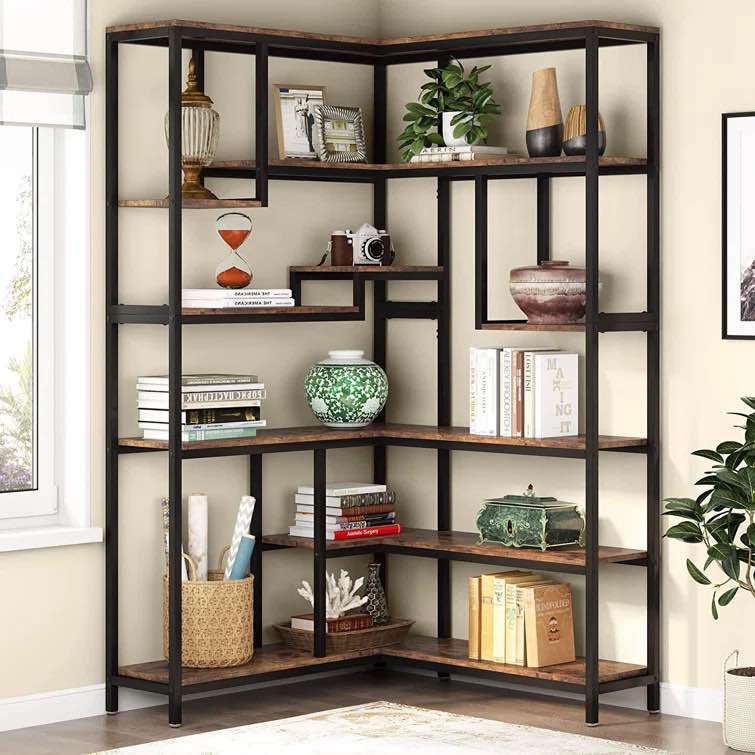 Rustic Brown/Black Sandine 74.8'' H x 43.3'' W Metal Corner Bookcase
