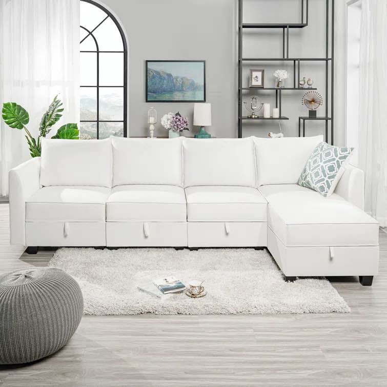 Hailsham Convertible 4 Seater L-Shaped Modular Linen Sofa Sectional with 2 Ottoman for Living Room ( incomplete)