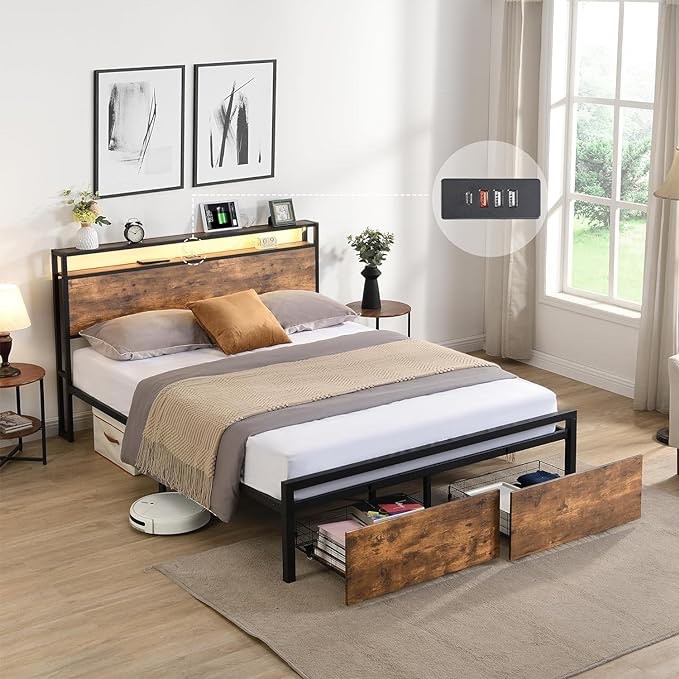 Modern Industrial Queen Bed Frame with Storage Headboard and 2 Drawers,LED Lights and 2 USB Ports,Metal Platform Bed No Noise, Metal Slats Support, No Box Spring Needed (Queen,with 2 Drawers)