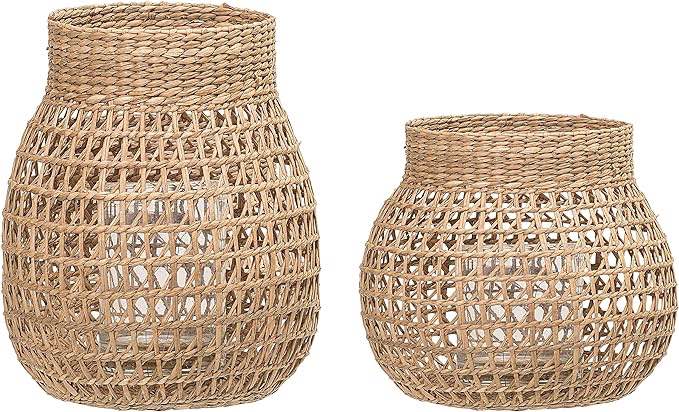 Handwoven Seagrass Lanterns with Glass Insert