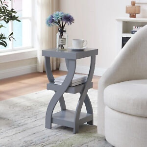 Kings Brand - 3 Tier Side End Table with Storage, Living Room, Entryway, Gray