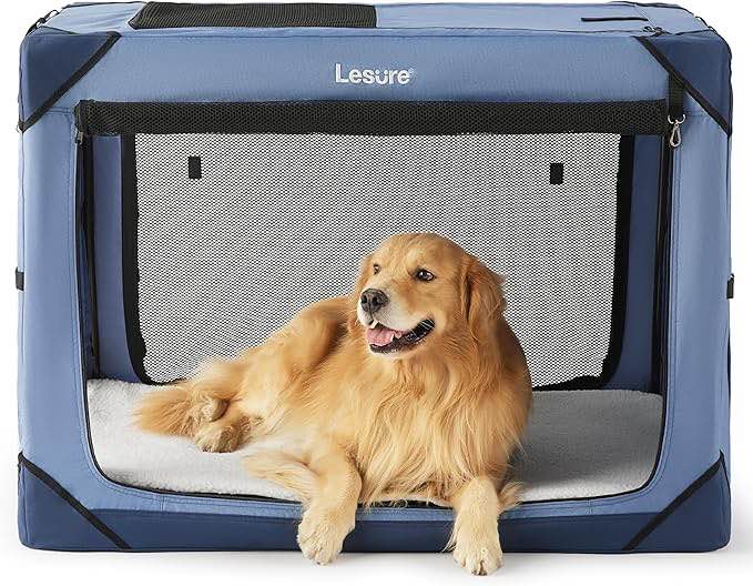 Lesure Collapsible Dog Crate - Portable Dog Travel Crate Kennel for Extra Large Dog, 4-Door Pet Crate with Durable Mesh Windows, Indoor & Outdoor (Blue)