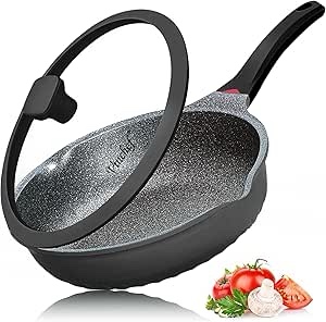 Vinchef Nonstick Skillet with Lid , 9.5In/3Qt Aluminum Saute Pan with Lid and Heat Indicator, German C3+ Non Sticking Coating- Induction Deep Frying Pan, Black