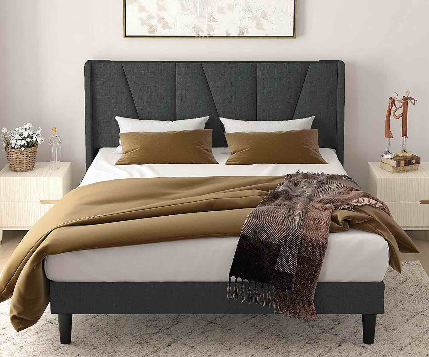 Amolife Queen Size Upholstered Platform Bed Frame with Wingback & Geometric Headboard, Dark Grey