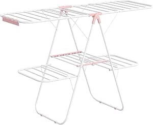 SONGMICS Clothes Drying Rack, Foldable 2-Level Laundry Drying Rack, Free-Standing Large Drying Rack, with Height-Adjustable Wings, 33 Drying Rails, Sock Clips, White and Pink ULLR053P01