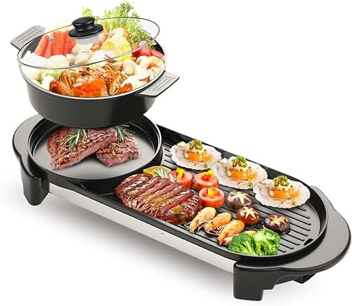 Liven Electric Grill With Hot Pot,Multifunctional Indoor Teppanyaki Grill/Korean BBQ/Shabu Shabu Hot Pot,Separate Temperature Control,3.6L Capacity for 2-10 People,SK-J6868