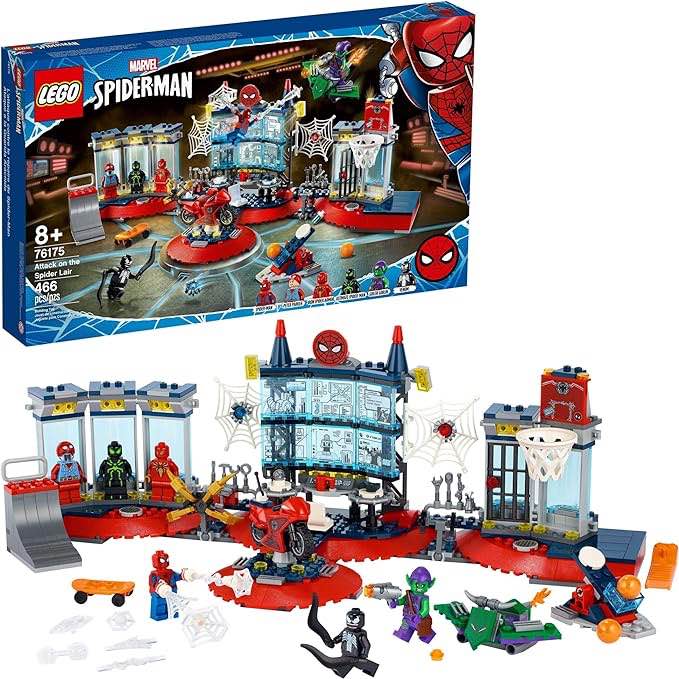 LEGO Marvel Spider-Man Attack on The Spider Lair 76175 Cool Building Toy, Featuring The Spider-Man Headquarters; Includes Spider-Man, Green Goblin and Venom Minifigures, New 2021 (466 Pieces)