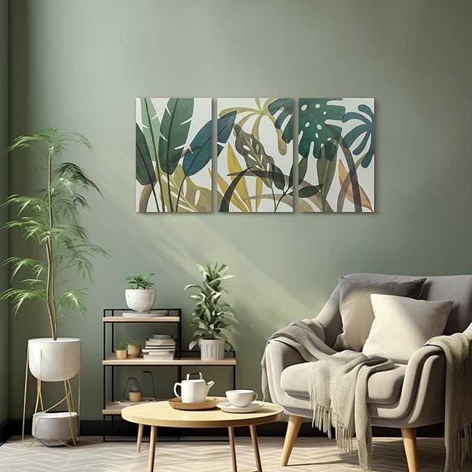 ArtbyHannah Botanical Wall Art, Canvas Wall Art with Tropical Green Plant Leaf Print, 3 Piece 16x24 Inch Green Wall Art for Living Room