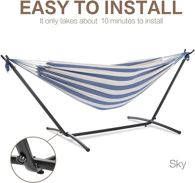 PNAEUT Double Hammock with Space Saving Steel Stand Included 2 Person Heavy Duty Garden Yard Outdoor 450lb Capacity Hammocks (similar to stock photo)