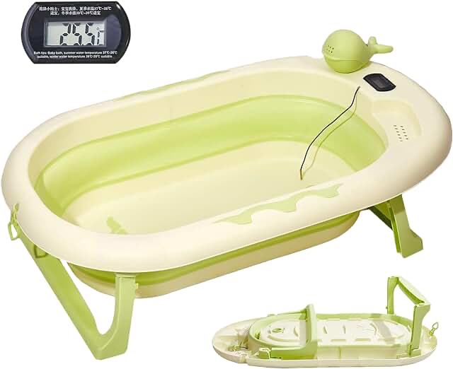 Collapsible Baby Bathtub with Thermometer - Infant Bathtub with Drainage Hole - Baby Bathtub Newborn to Toddler 0-36 Months - Portable - Green