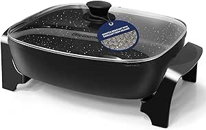 Elite Gourmet EG-6203# Extra Deep 16"x13"x3.2" (10.5Qt.) Scratch Resistant, Easy Pour Spout Dishwasher Safe, Non-stick Electric Skillet with Glass Vented Lid, Adjustable Temperature, Black