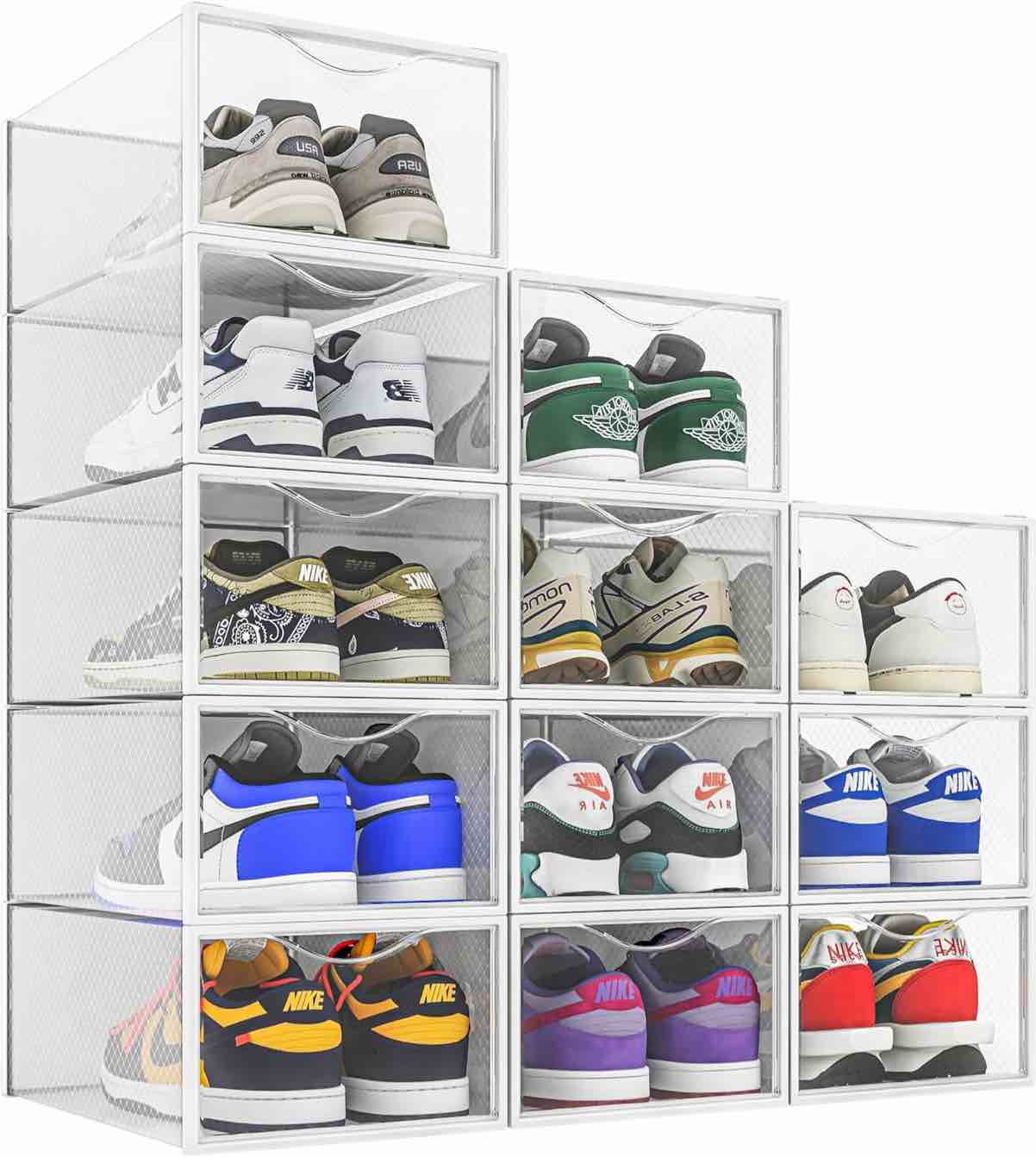 12 Pack Shoe Storage Bins, Clear Plastic Stackable Shoe Organizer for Closet, Space Saving Foldable Shoe Rack, Shoe Box Sneaker Holder Container