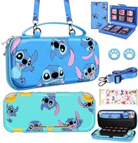 Xinocy for Nintendo Switch Lite 7 in 1 Storage Accessories Kit with Travel Carrying Case+Switch Lite Protective Cover+Game Case Holder+Strap+Sticker+2 Thumb Caps Cute Shell for Boys Kids Girls -Stit