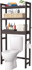 Homykic Over The Toilet Storage, Bamboo 3-Tier Over-The-Toilet Space Saver Organizer Rack, Stable Freestanding Above Toilet Stand with 3 Hooks for Bathroom, Restroom, Laundry, Espresso