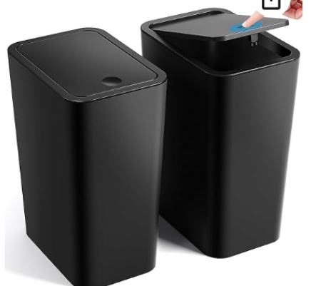 ITCPRL Bathroom Trash Can with Lid, 2 Pack 4 Gallons/15 Liters Garbage Can with Pop-Up Lid, Small Plastic Trash Can, Slim Trash Bin Waste Basket for Bathroom, Bedroom, Office, Living Room(Black)