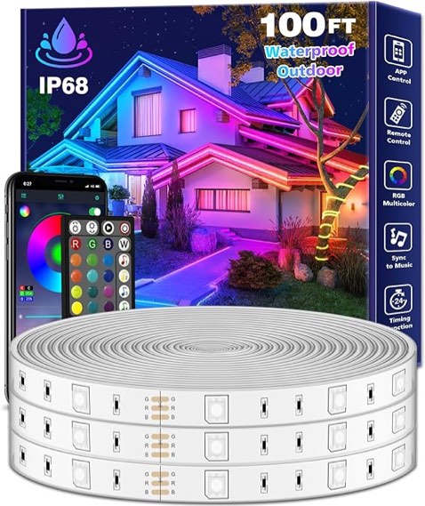 Aulimhti 100Ft Outdoor LED Strip Lights Waterproof,Music Sync RGB IP65 Outside Led Light Strips Waterproof with App and Remote,Exterior Led Rope Lights Waterproof for Deck,Balcony,Roof,Garden,Pool
